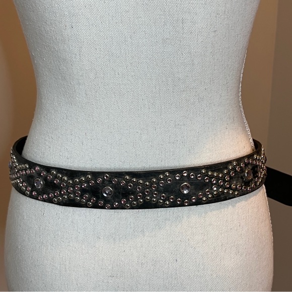 Leather Pink Clear Studded Dark Gray Ladies Fashion Belt Brass Buckle Size M/36" - Picture 3 of 9